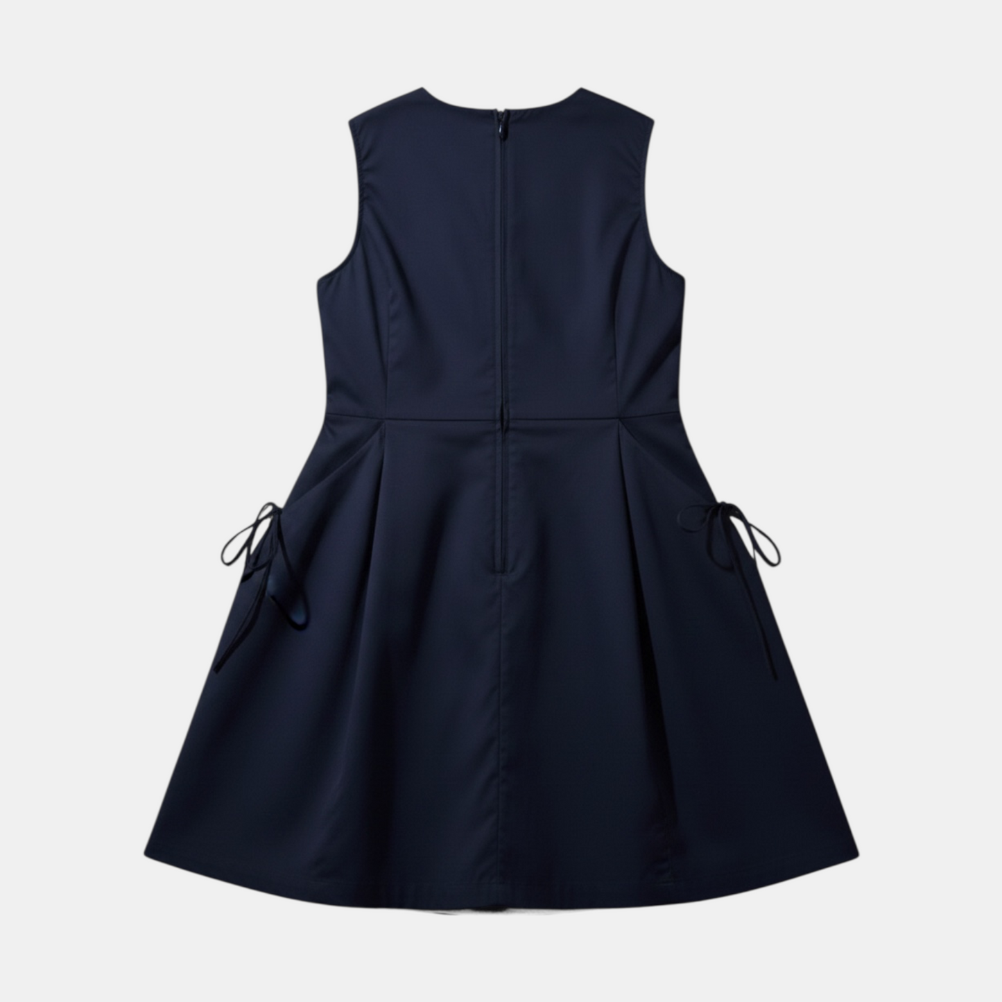Navy blue dress with a fitted bodice and flared skirt on a light gray background