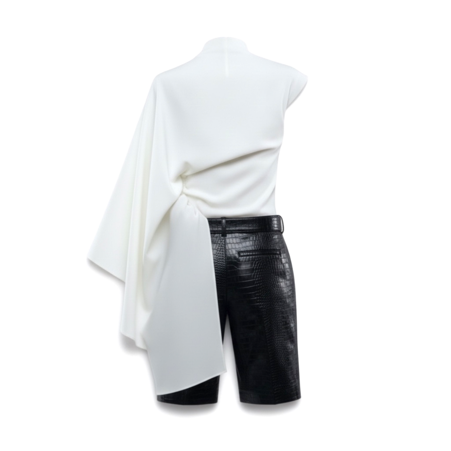 White oversized sweater and black leather shorts on a white background