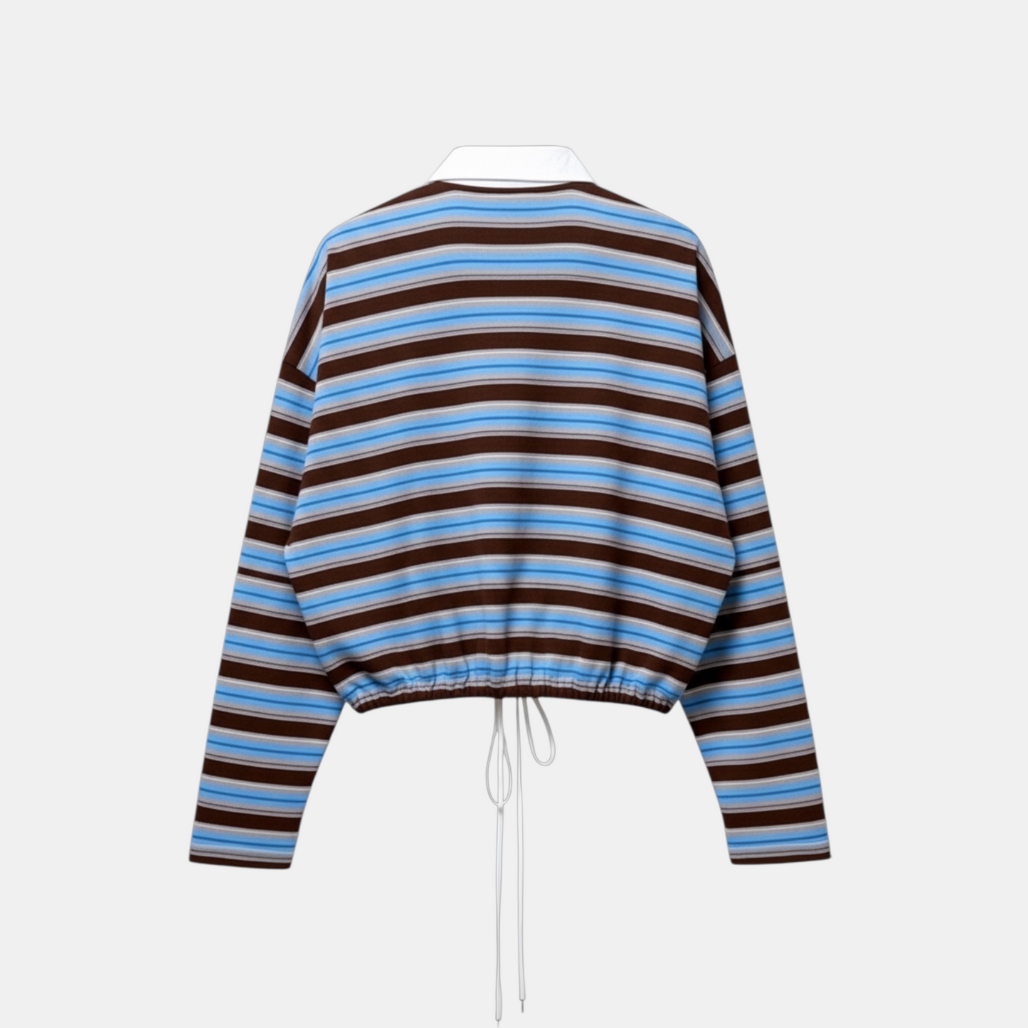 Striped sweater with brown and blue horizontal stripes on a white background