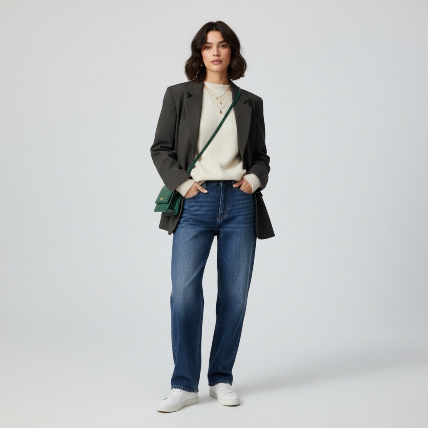 Woman wearing a dark blazer, white sweater, blue jeans, and white sneakers on a light gray background