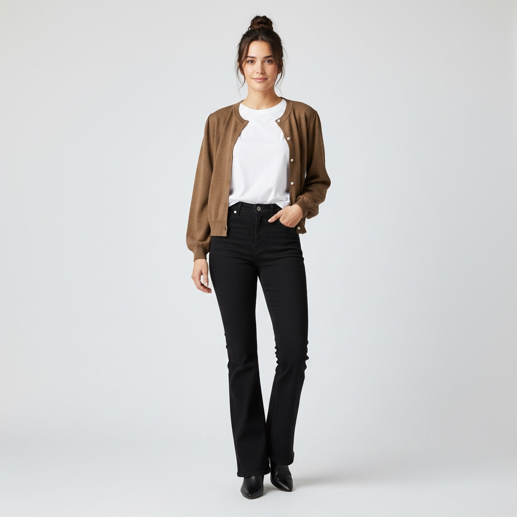 Woman wearing a brown jacket, white shirt, black pants, and black shoes on a white background