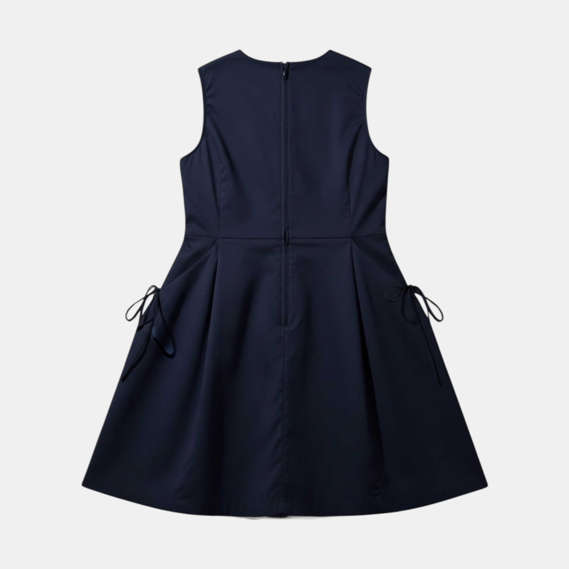 Navy blue dress with a fitted bodice and flared skirt on a light gray background