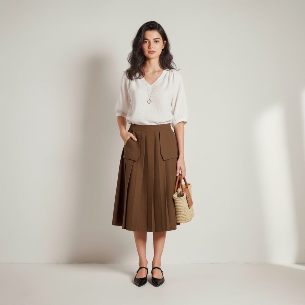 Woman wearing a white blouse and brown skirt holding a beige handbag against a plain background