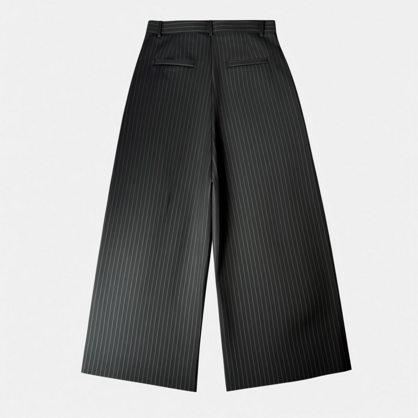 Black pinstripe wide-leg pants on a light gray background