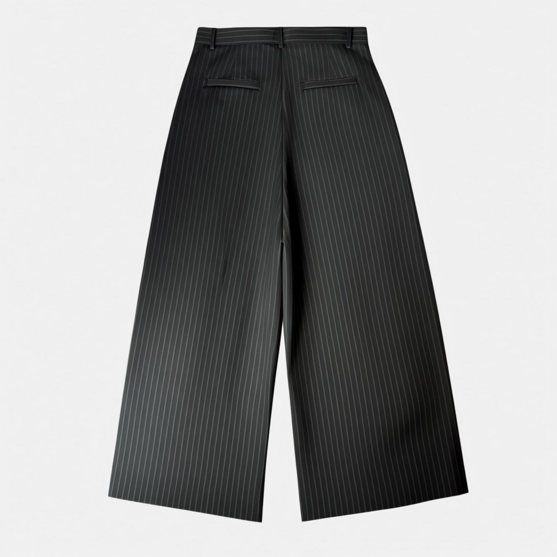 Black pinstripe wide-leg pants on a light gray background