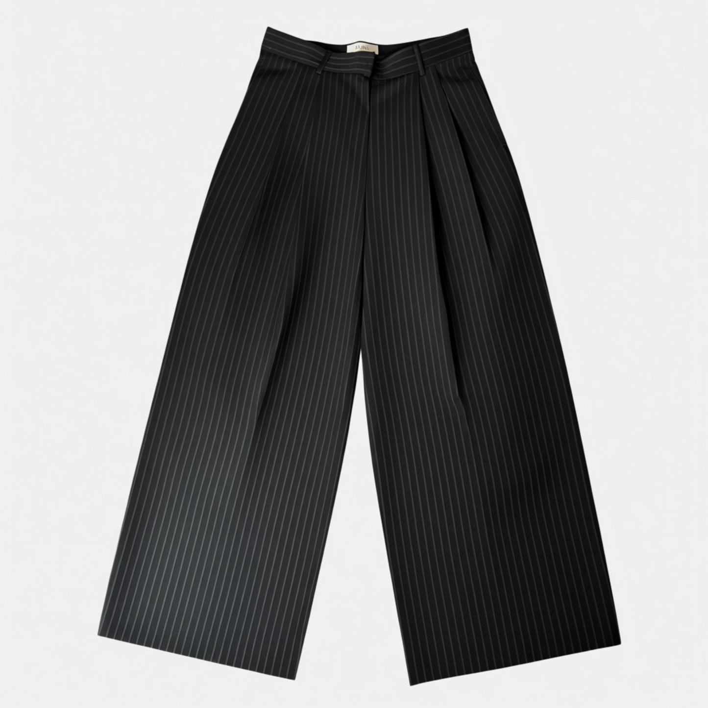 Black pinstripe pants on a light gray background