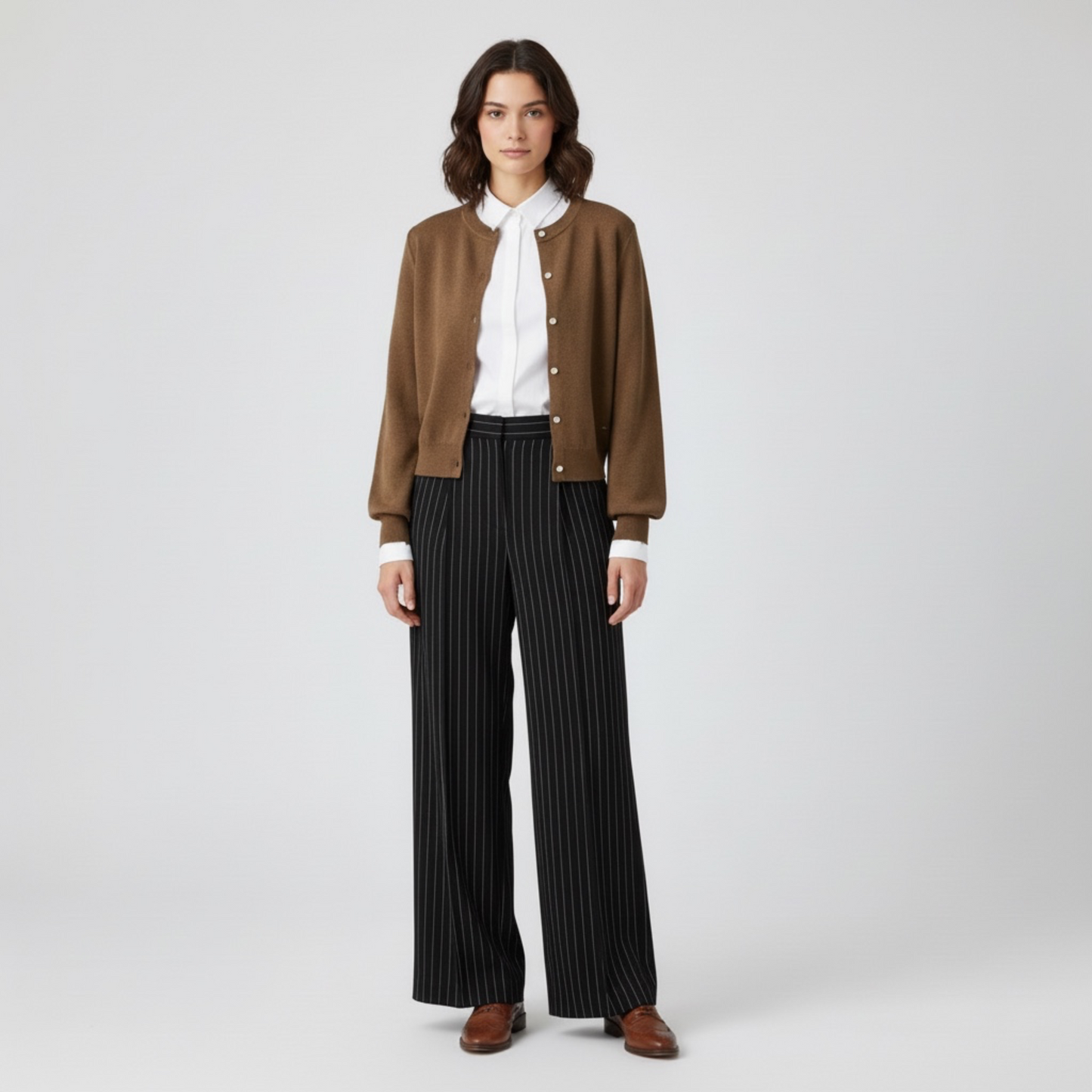 Woman wearing a brown jacket, white shirt, and black pinstripe pants on a white background