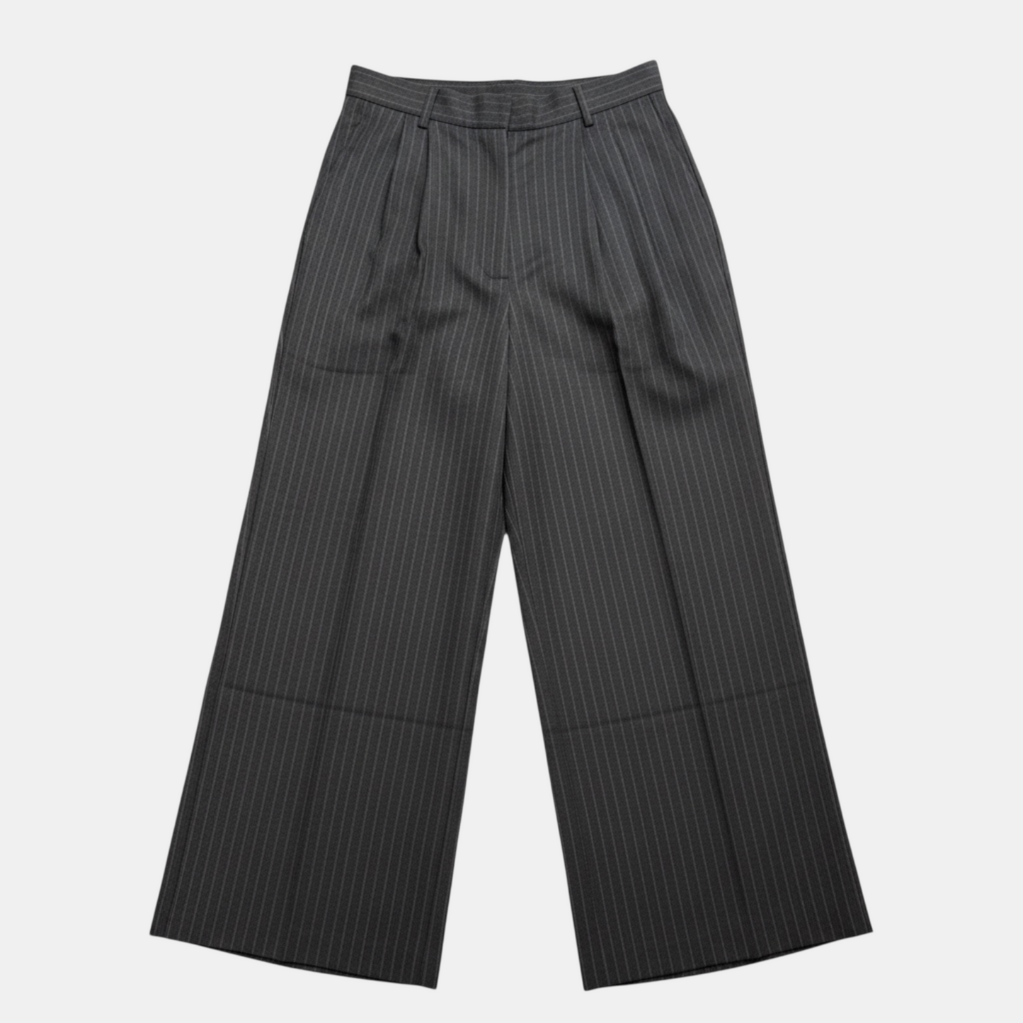 Grey pinstripe pants on a light gray background