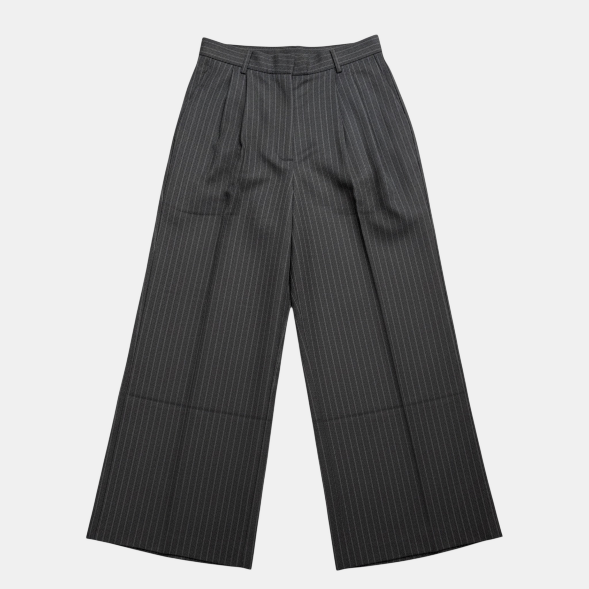 Grey pinstripe pants on a light gray background