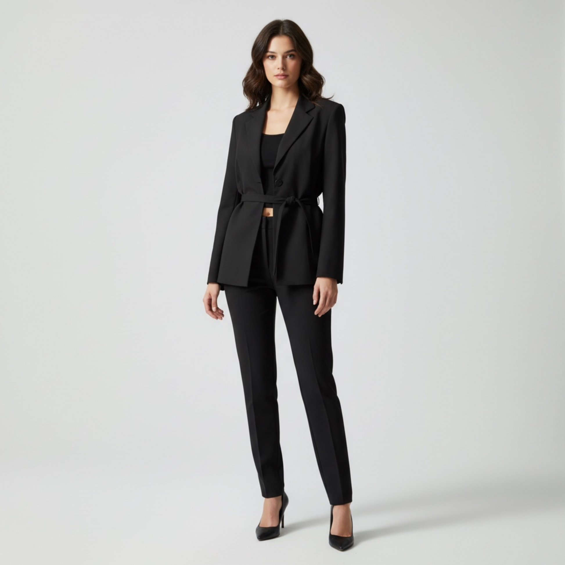 Woman wearing a black suit on a white background