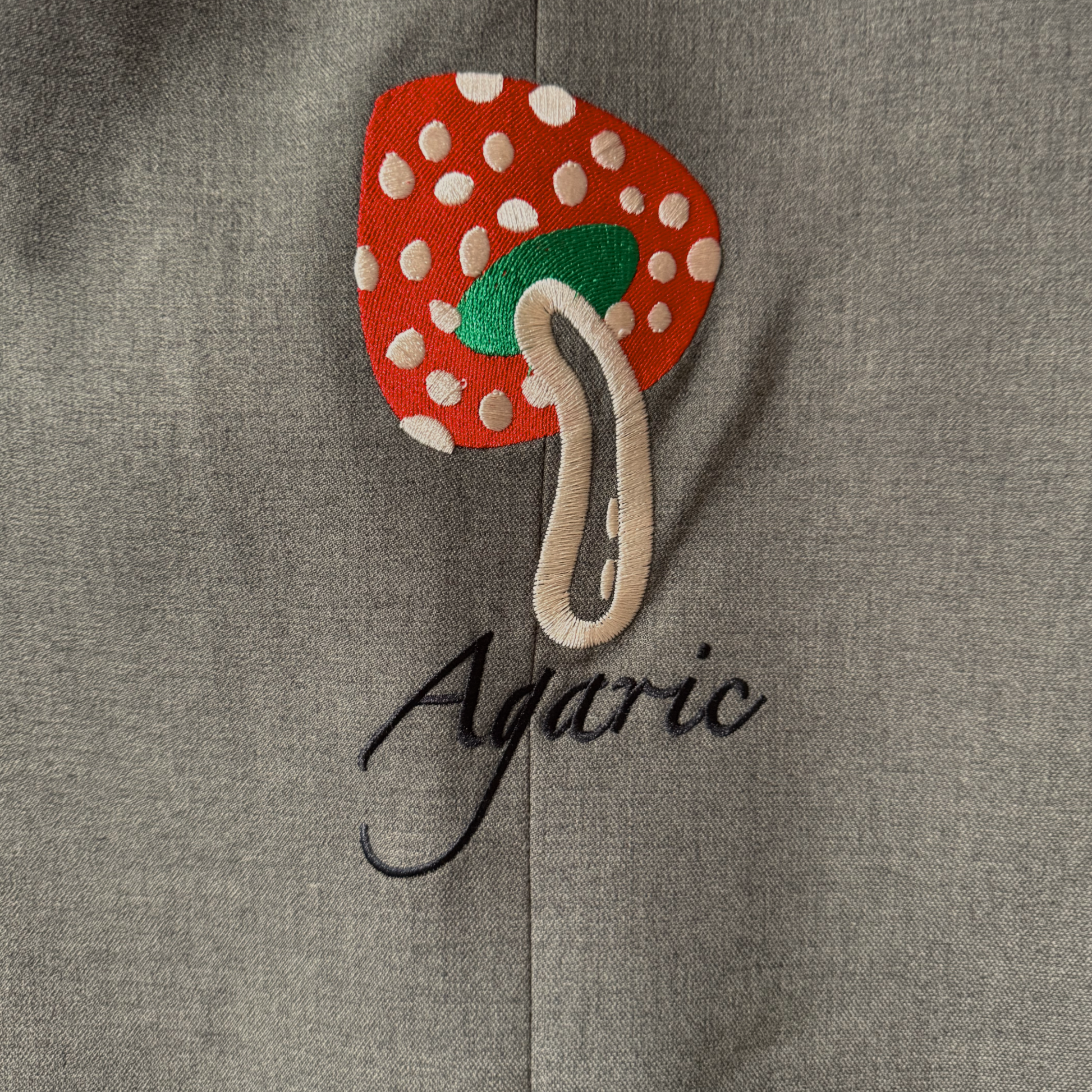 Embroidered mushroom design on a gray fabric background with the word 'Agaric'.