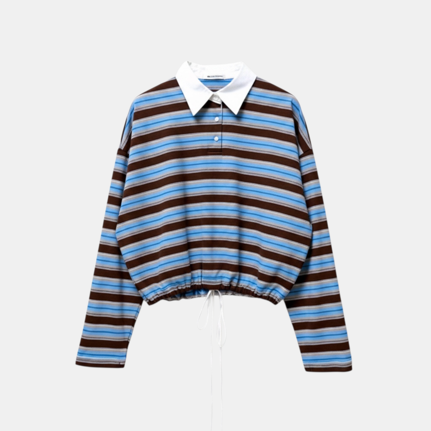Striped sweater with a white collar on a light gray background
