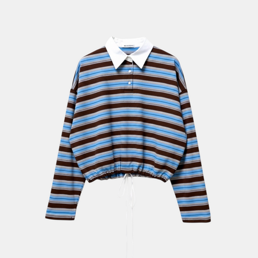 Striped sweater with a white collar on a light gray background
