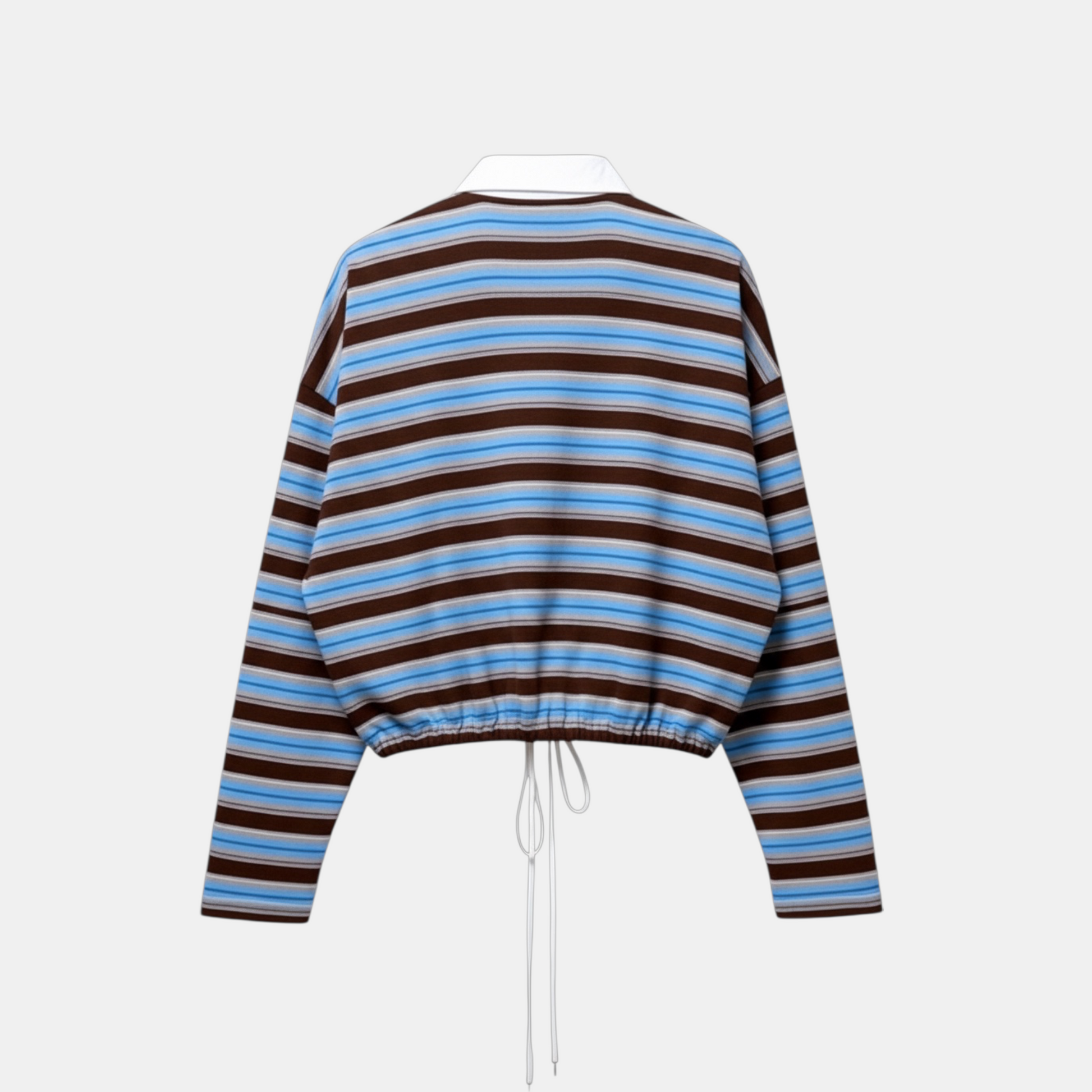 Striped sweater with brown and blue horizontal stripes on a white background