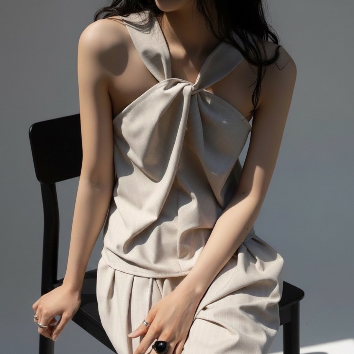 Pia Pinstripe Double-Waist Pants