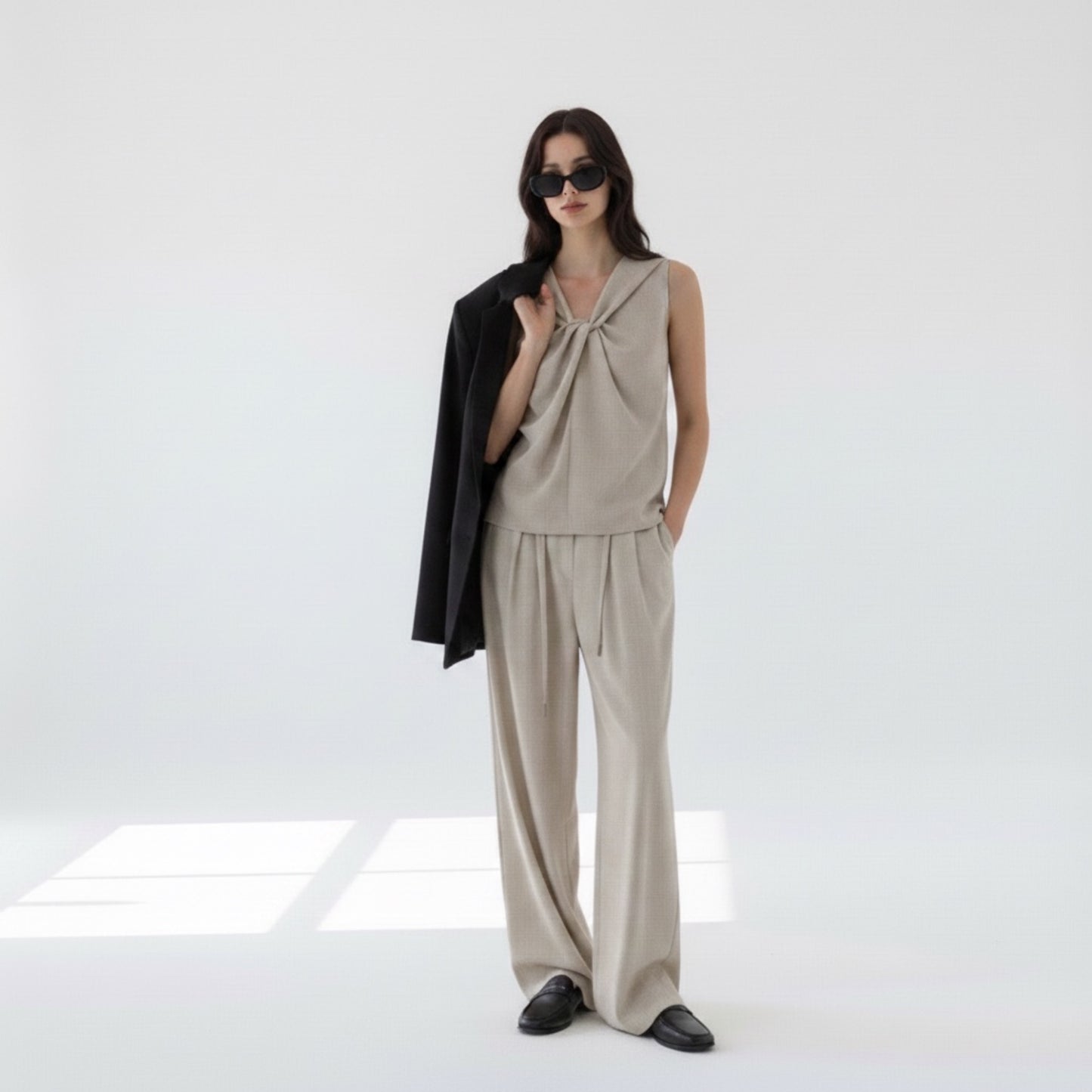 Pia Pinstripe Double-Waist Pants