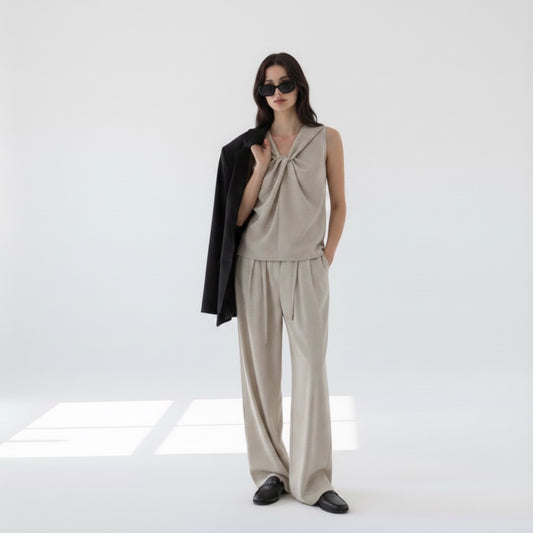 Pia Pinstripe Double-Waist Pants