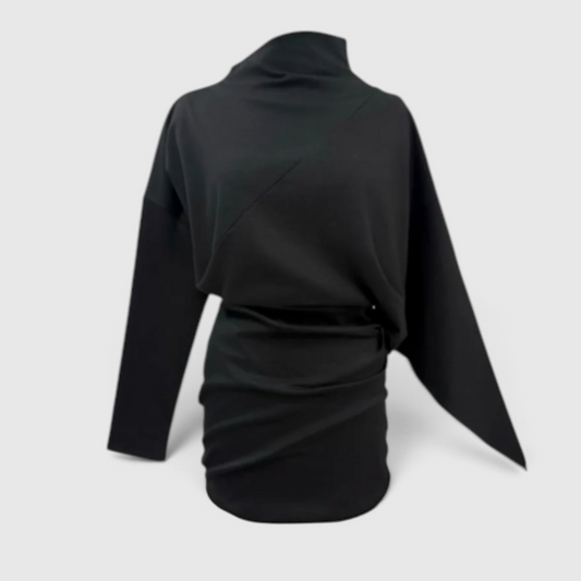 The Corporate Rebels Briana mini dress in black with a high neckline and avant-garde asymmetric shoulder cut.
