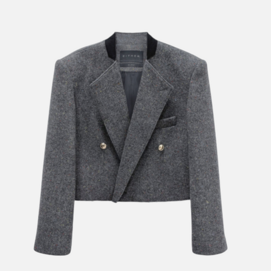 The Corporate Rebels Elena cropped tuxedo jacket in grey boucle fabric with sharp shoulders and double-breasted detail