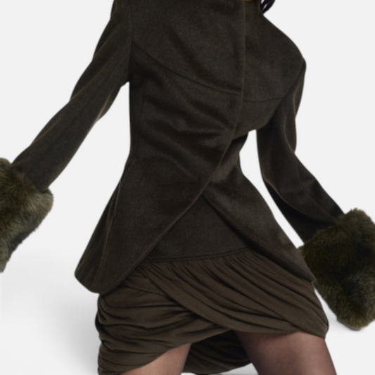 The Corporate Rebels Tia Trimmed Jacket in khaki with luxurious fur cuffs and a tailored fit.